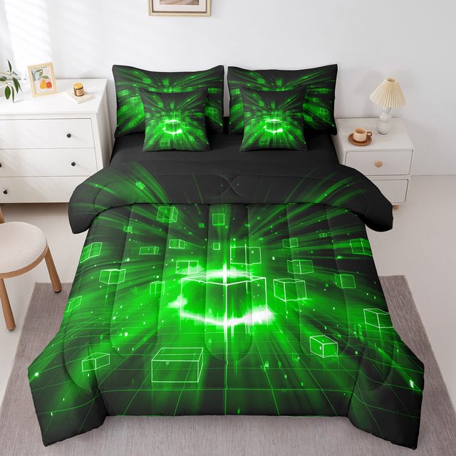 Erosebridal Futuristic Cubes Bedding Queen Size,Geometric Plaid Comforter Sets with Sheets,Grid Checkerd Bedding Sets Queen Size,Super Cozy Gradient Bedroom Decoration,Reversible,7 Pieces
