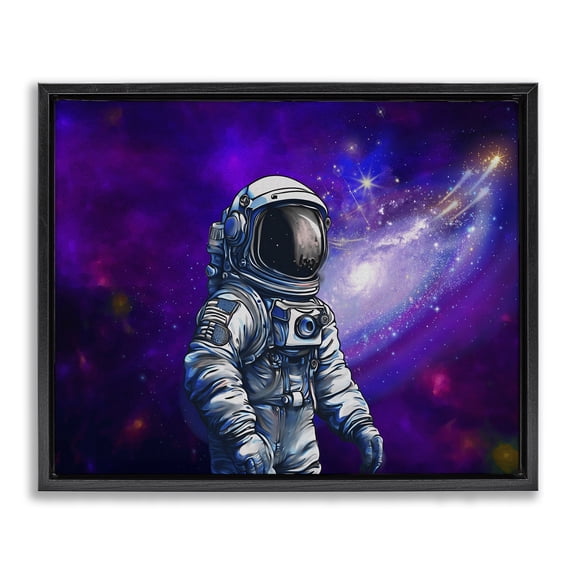 Stupell Industries Astronaut with Swirling Galaxy Outer Space Painting Black Floater Framed Canvas Art Print Wall Art, 21 x 17