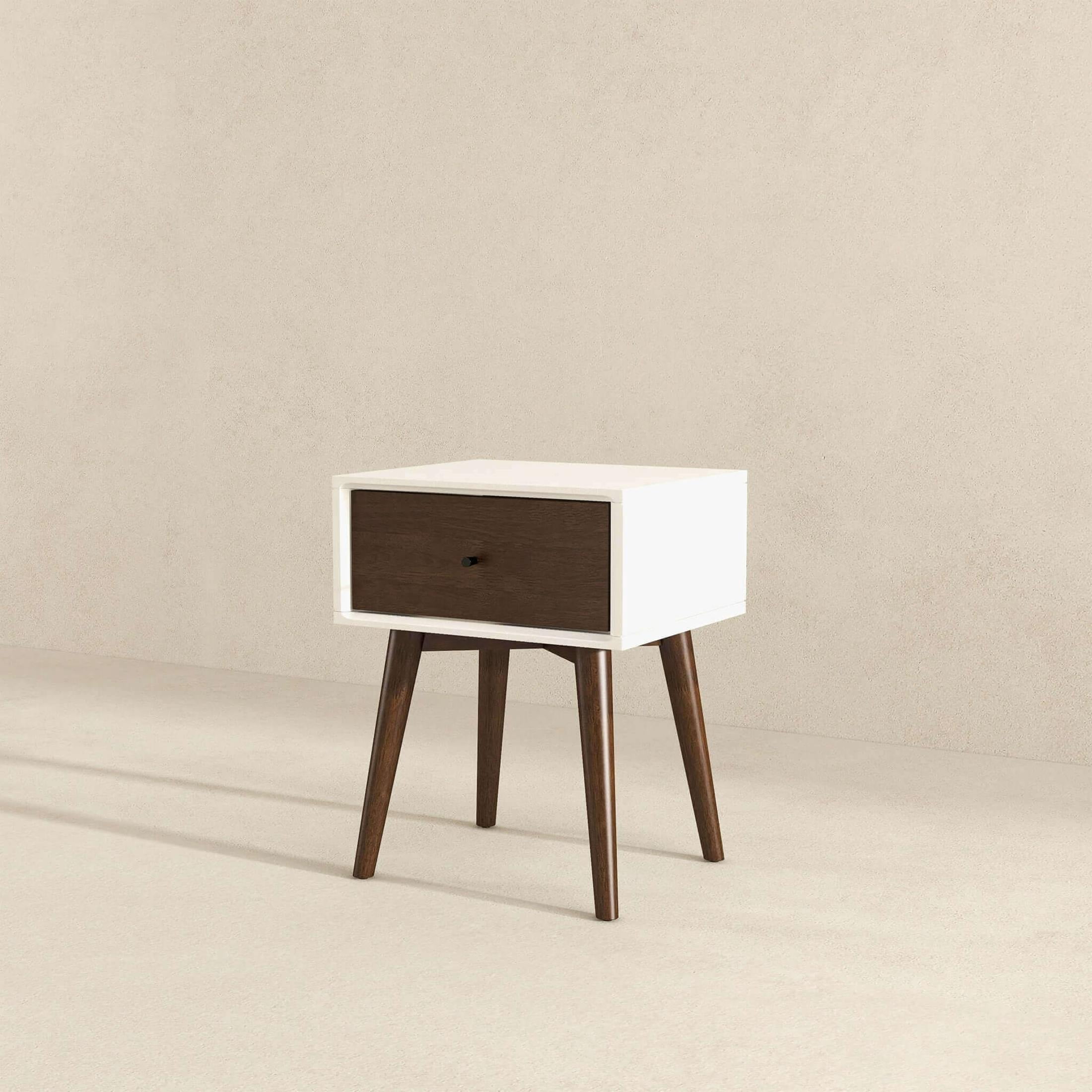 Noble House Avery Mid-Century Modern Nightstand, Solid Walnut Wood Compact Storage Table, Dark Brown and White