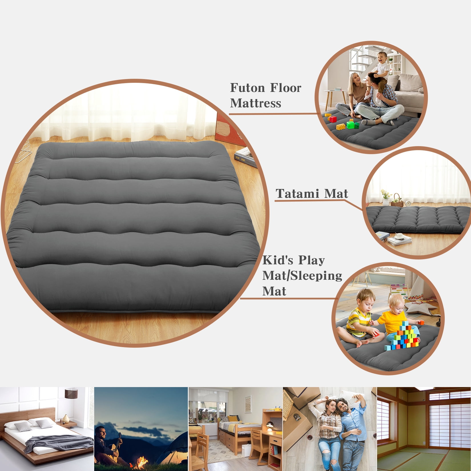 Japanese Futon Floor Mattress Twin/Full Size Sleeping Mat, Tatami Mat, Portable & Foldable Roll Up Camping Mattress Pad for Sofa Lounger, Dark Gray, Full (137*203cm)