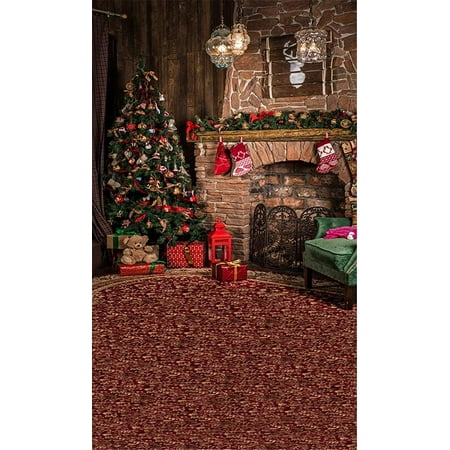 Image of ABPHOTO Polyester Vintage Carpet Photography Backdrops Indoor Brick Fireplace Decorated Christmas Tree Toy Bear Gift Boxes Crystal Lanterns Kids Children Winter New Year Holiday Photo Background 5x7ft