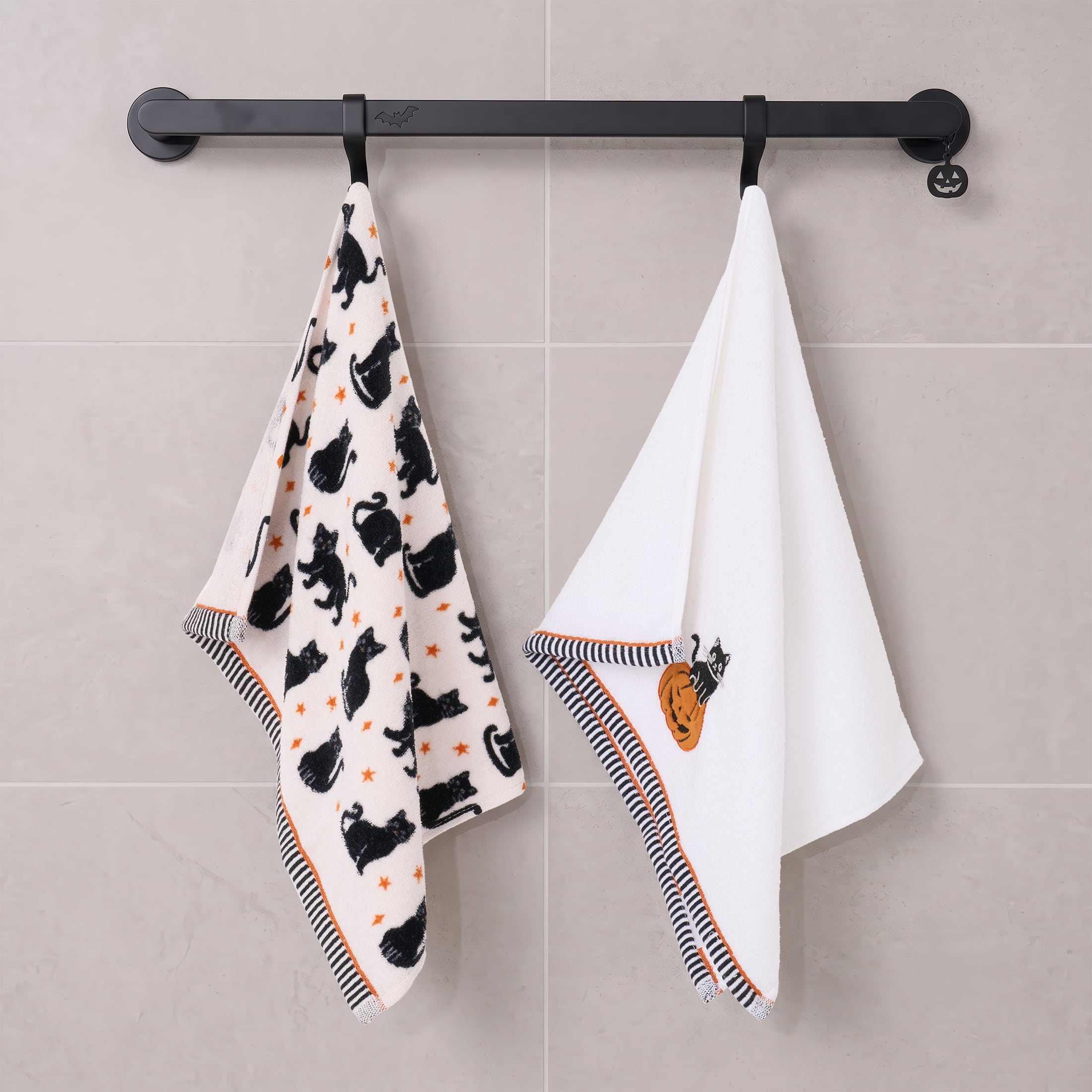 Evergrace Halloween 2 Piece Hand Towel Set, 100% Cotton, Cat, White 16"x26"