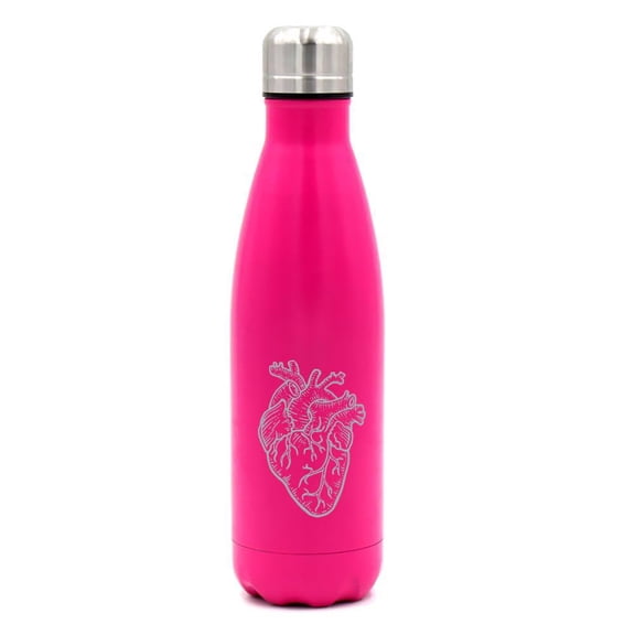 17 oz. Double Wall Vacuum Insulated Stainless Steel Water Bottle Travel Mug Cup Anatomical Heart (Hot Pink)