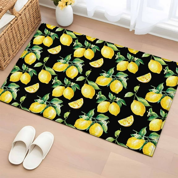 Lemon Black Bathroom Rug Washable 2x3 Entryway Rug Non Slip Country Fruit Watercolor Farmhouse Plant Front Door Mat Low Pile Indoor Doormat Throw Floor Carpet for Kitchen Bedroom Entrance