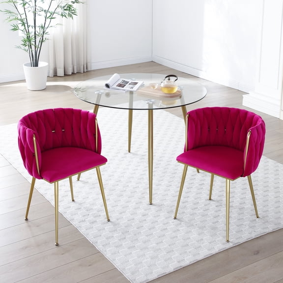 Velvet Dining Chairs Set of 2, Upholstered Woven Back Dining Chair with Gold Metal Legs, Modern Tufted Side Chairs for Dining Room, Kitchen, Vanity, Living Room