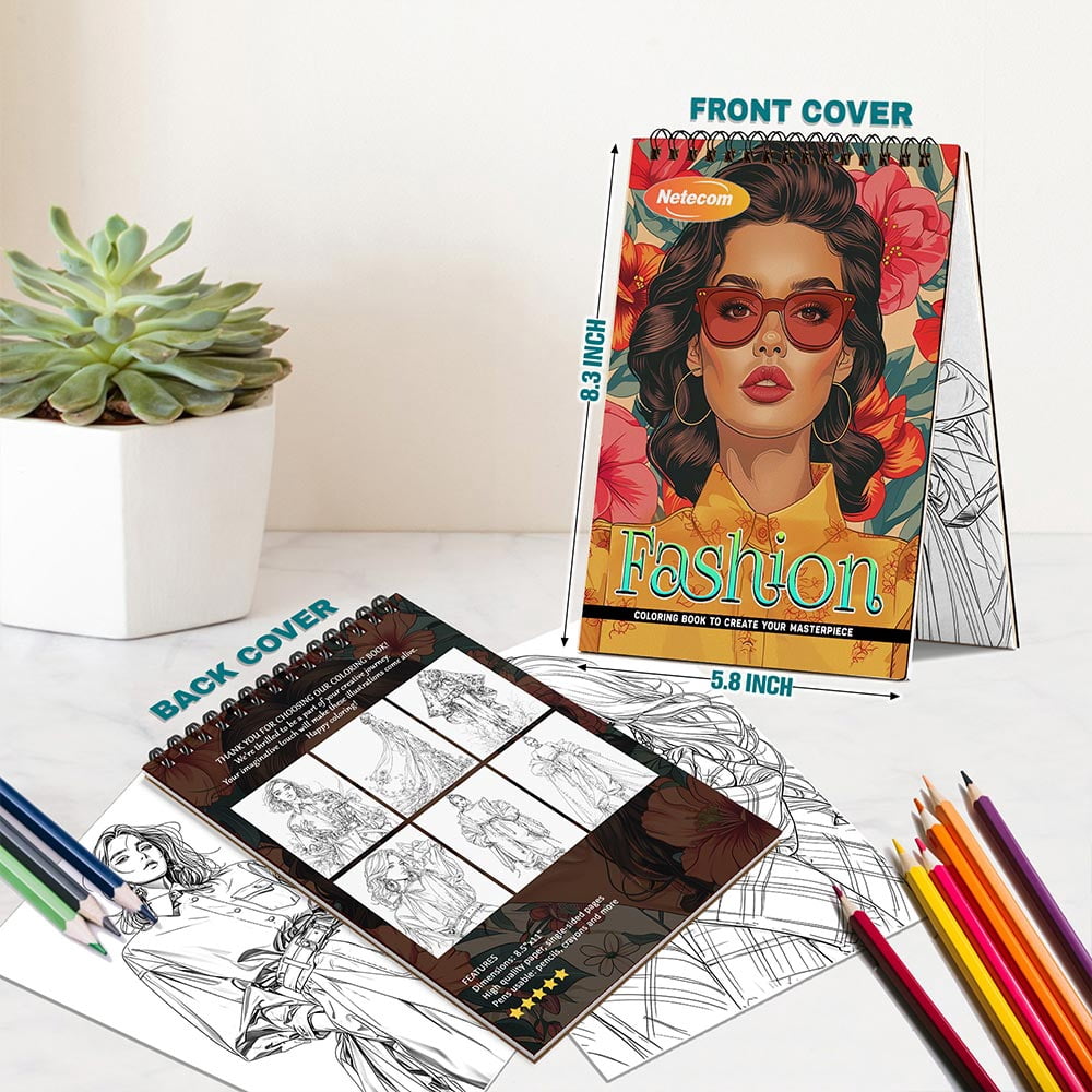 Netecom Fashion Coloring Book Spiral Bound For Adults, A5 Wooden Cover, 30 Elegant Coloring Pages of High-End Fashion for Stress Relief and Relaxation