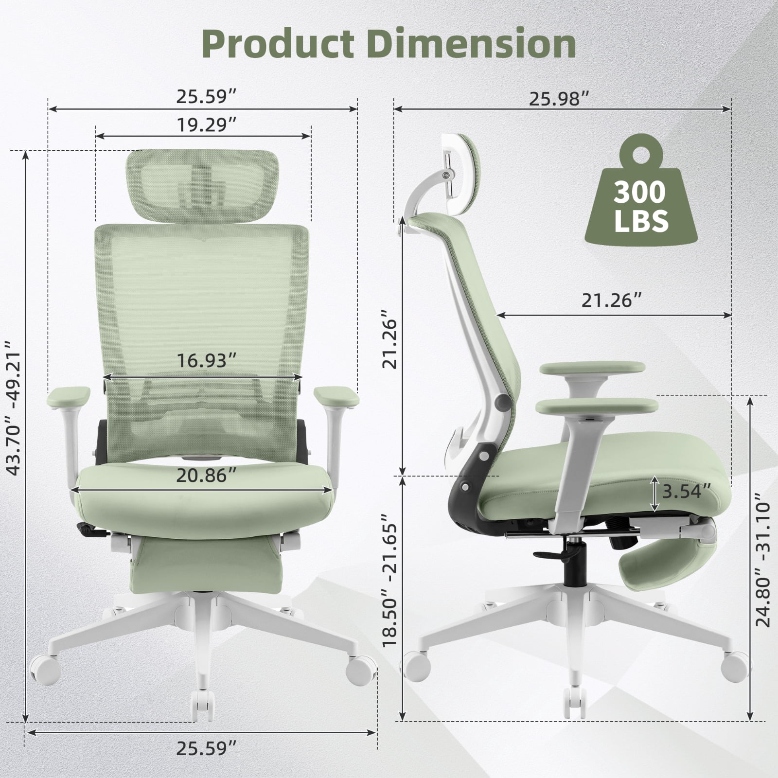 Hforesty Green Foldable Office Chair with Footrest – Ergonomic Mesh Computer Chair, Lumbar Support, Swivel Tilt, 300lbs