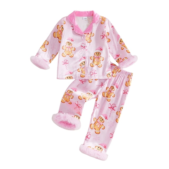 Cjfdfy Toddler Baby Girl Christmas Satin Pajamas Set Gingerbread Man Print Long Sleeve Fuzzy Trim Button Up Tops And Pants Kids Girl Cute My First Christmas Loungewear 1-7Y