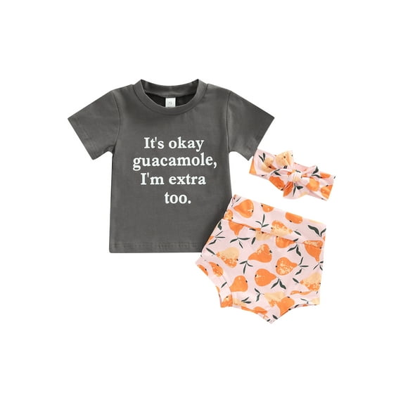Franhais 3 Pieces Baby Suit Set, Letter Print Round Neck Short Sleeve Tops+ Pear Print Shorts+ Headband, 0-24 Months