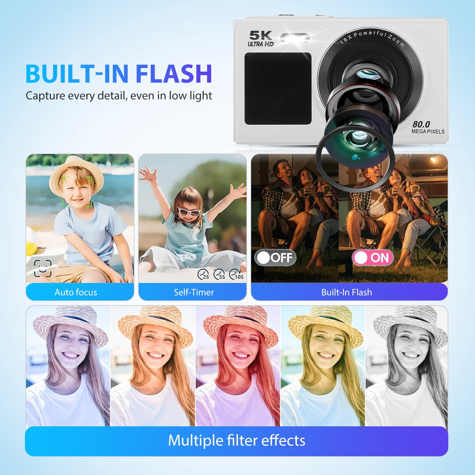 5K Digital Camera, 80MP Dual Screen Autofocus Vlogging Camera, 18X Zoom Camera for Photography