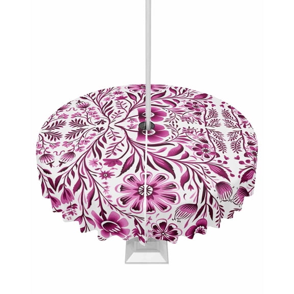 Boanket Outdoor Tablecloth with Umbrella Hole for Patio/Picnic/Party/Camping, Pink Boho Waterproof Table Cloth Round Cover Washable, Ethnic Tribal Floral Abstract Art Aesthetics (Dia 54")