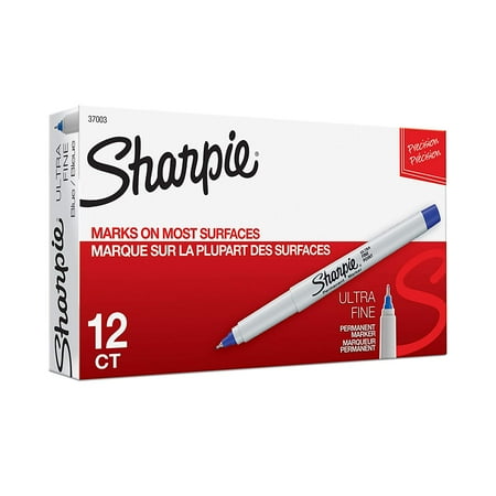 Permanent Plastic Paper - 37003 Ultra-Fine Permanent Marker, Marks on Paper and Plastic, Resist Fading and Water, AP Certified, Blue Color, Pack of 12 Sharpie