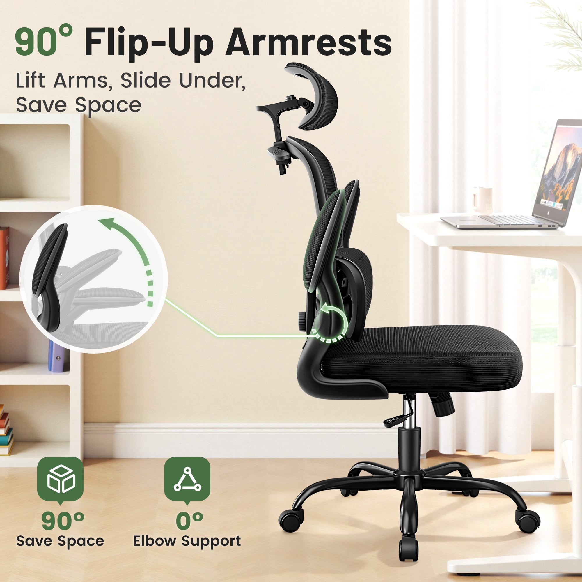 ATHOPE Ergonomic Office Chair, Desk Chair with Adjustment Lumbar Support and Headrest, Mesh Comfy High Back Computer Chair with Flip Up Arms for Home Office, Black