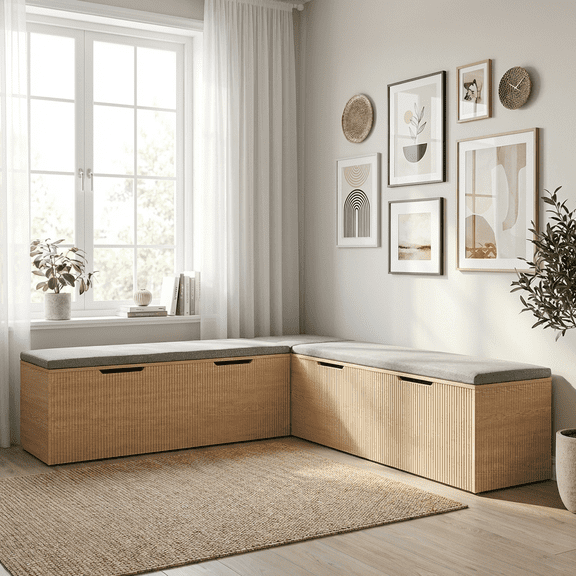 Nordee L-Shaped Storage Bench with Cushion, Corner Bench Seating for Dining Room, Kitchen, Entryway, Natural Wood