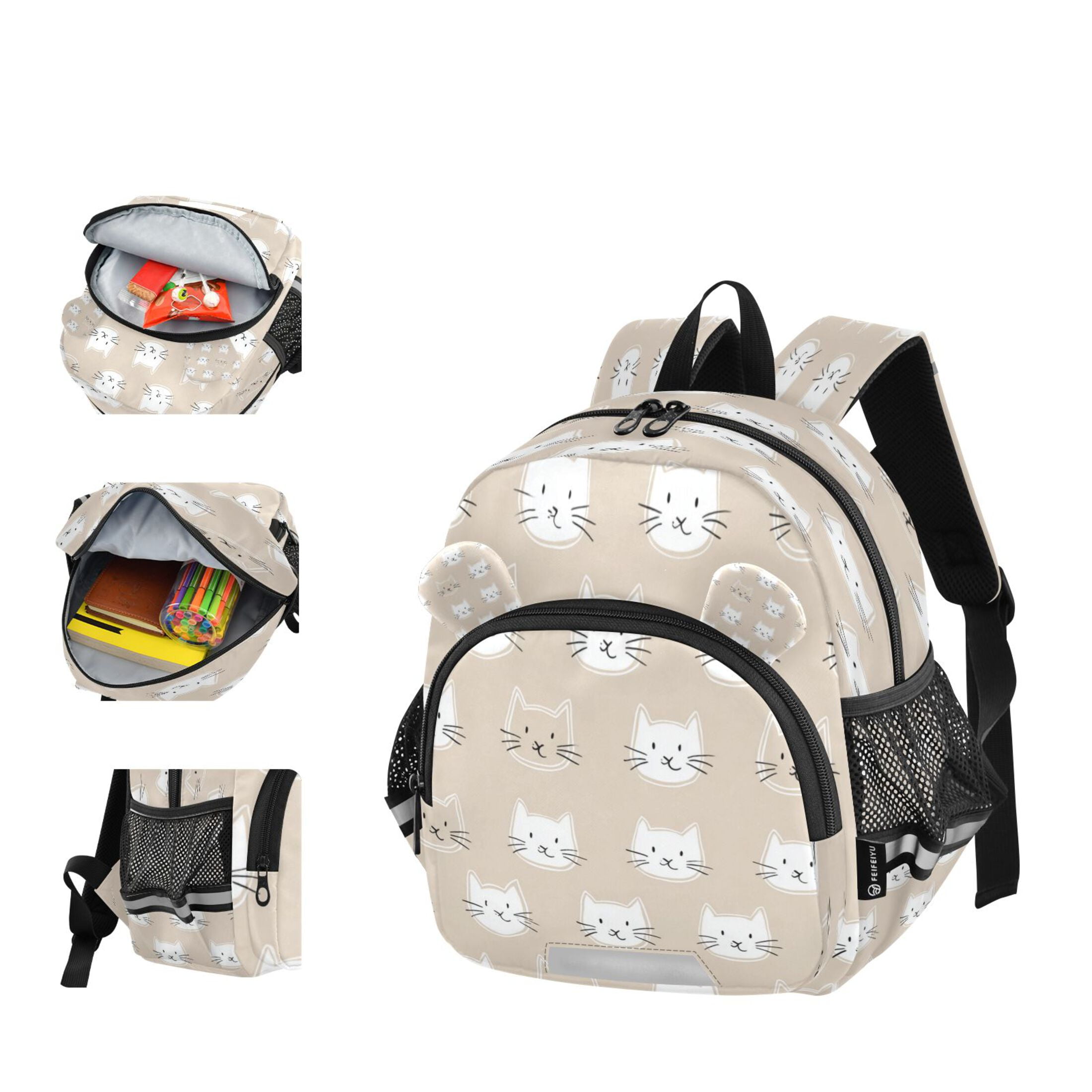 RMDQTR Adorable Ear-Print Backpack with Reflective Strip and Anti-Lost Leash Adjustable Shoulder Straps Mini Travel Backpack White Color Cat Faces