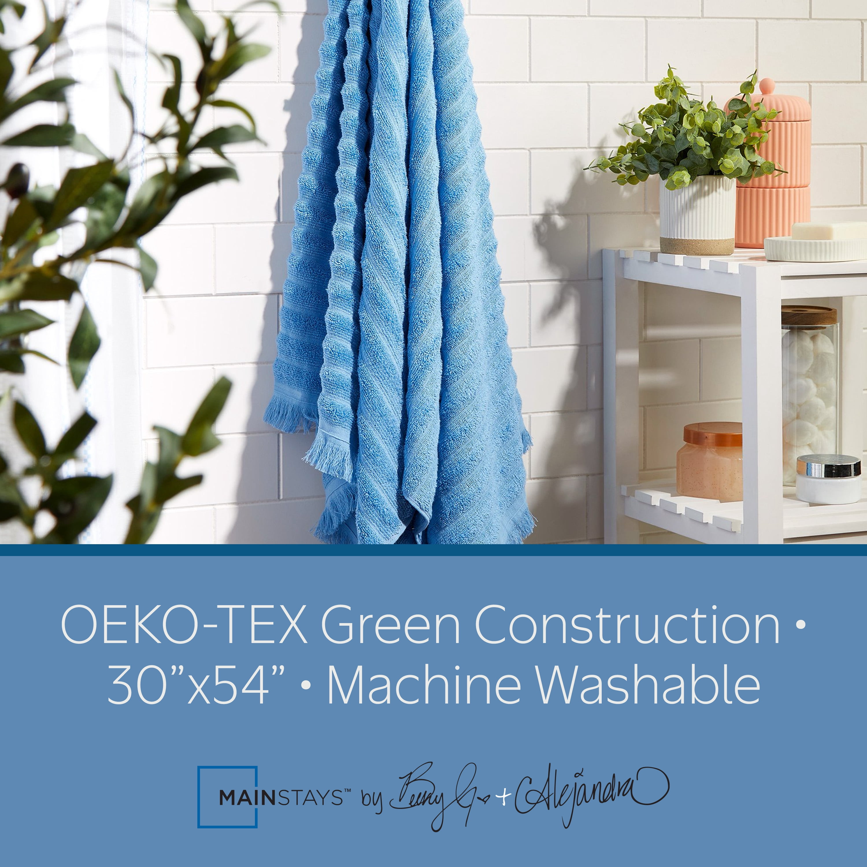 Mainstays by Becky G. & Alejandra 100% Cotton Textured Bath Towel with Fringe, Blue Eyes