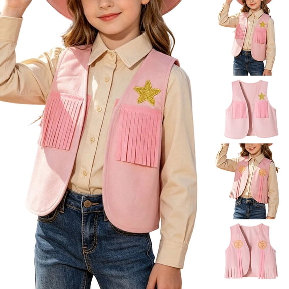 QSXADF Girls Tassel Jacket Kids Sleeveless Vests Graphic Fringe Western Vests Sleeveless Button Down Party Children's Outwear