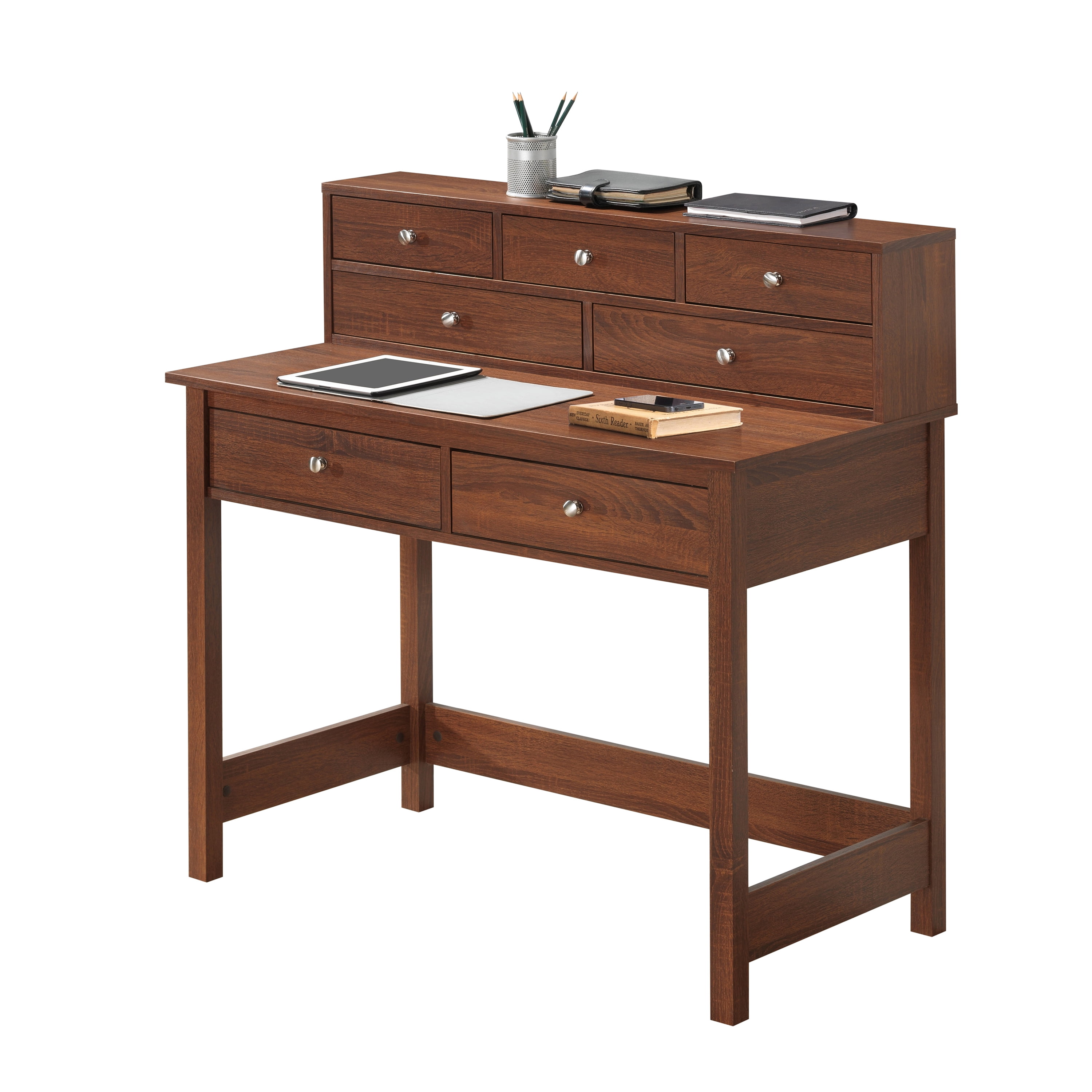 Techni Mobili Elegant Writing Desk With Storage And Hutch Oak