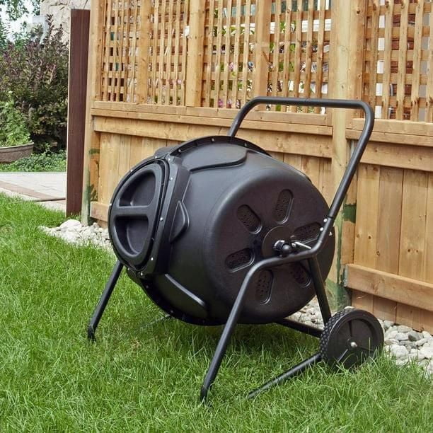 KoolScapes 50-Gallon Tumbling Composter Bin, Rotatable Wheeled Composting System for Garden, Easy Waste Recycling, Black