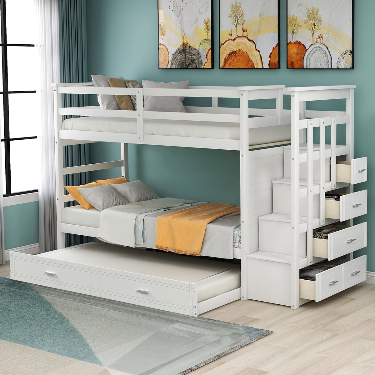 for Bedroom Dorm Solid Wood Bunkbed with Storage and Guard Rail COODENKEY Stairway Full Over Full Bunk Bed with Twin Trundle for Kids & Adults White