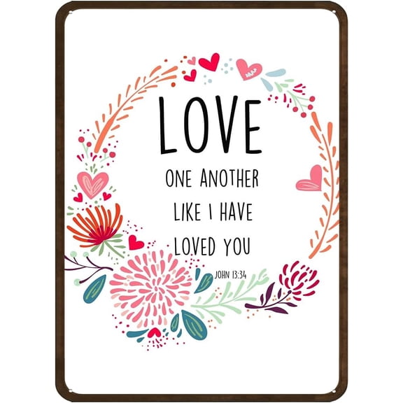 Love One Another John Floral Heart Fun Tin Sign Wreath Wall Sign Scripture Art Bible Verse Print Wedding Gift 5.5x8 Inch