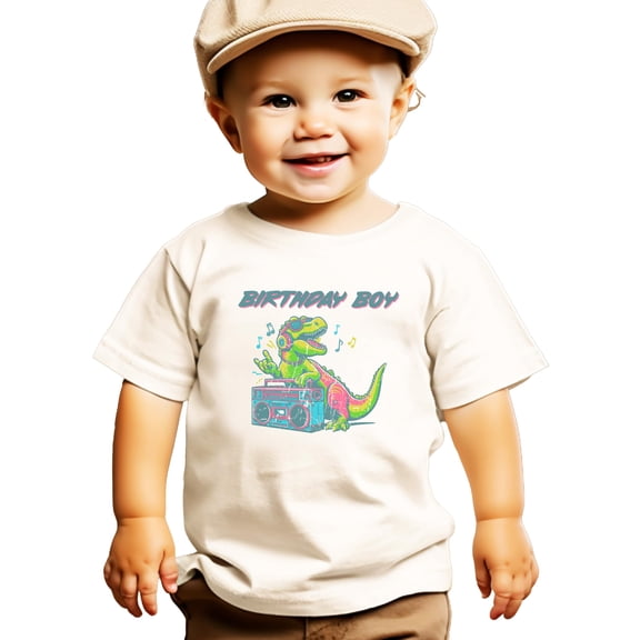 Birthday Boy Dinosaur Shirt for Kids TRendy DJ Dino Graphic Tee for Boys Natural Shirt Youth Small