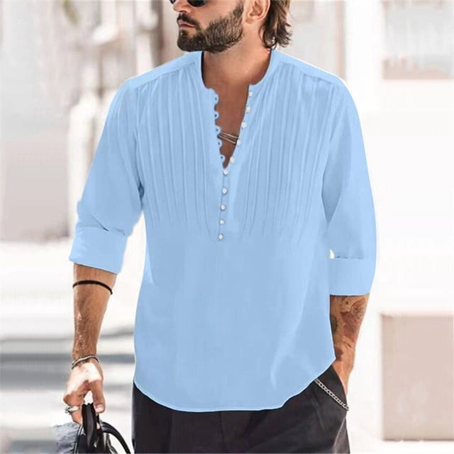 Camisas de lino y algodón para hombre, camisas de manga larga, Color sólido, cuello levantado, estilo informal, talla grande 3XL, primavera y otoño, novedad de 2023