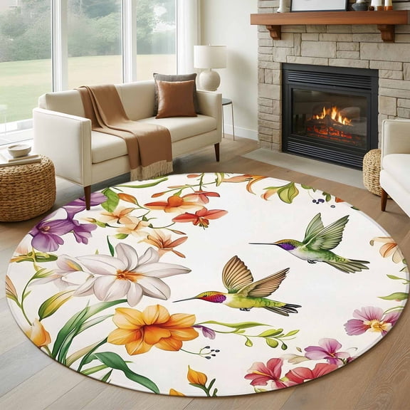 Spring Floral Hummingbird 5ft Round Rug, Pastoral Rustic Botanical Flowers Non-Skid Rubber Backing Large Area Rugs - Living Room Bedroom Home Office, Indoor Floor Mat Carpets Washable Rug