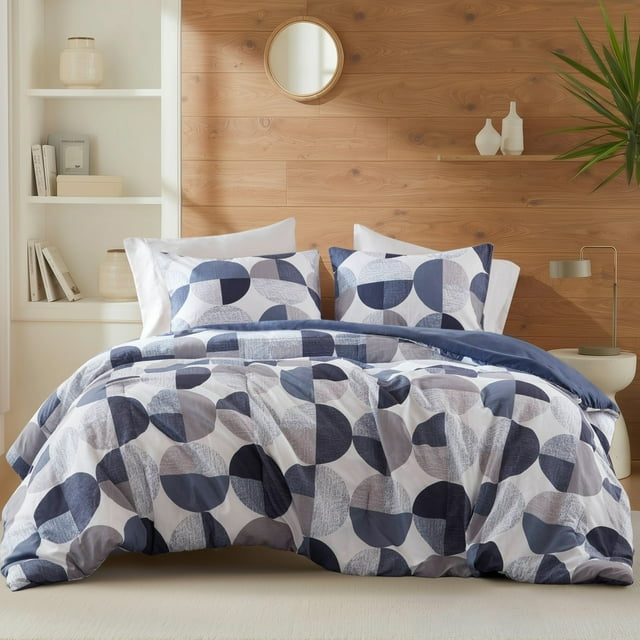 Regency Heights Ensemble de Douillette Format Double/Grand, Ensemble de Literie Bleu Marine pour Toutes les Saisons, Ensemble de Douillette à Imprimé Géométrique Rond 3 Pcs