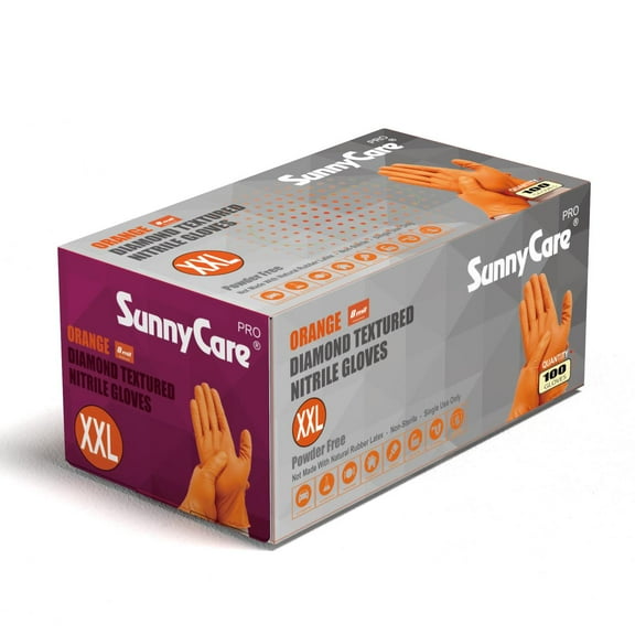 SunnyCare®, ORANGE, DIAMOND TEXTURED NITRILE GLOVES, 8 MIL, 100 PER BOX, SIZE: XX-Large