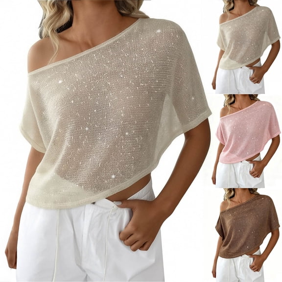 Delayuji Women's Mesh Tops Off The Shoulder Lightweight Short Sleeve T-Shirts Slim Fitted Beach Vacation Outfits See Through Blouses Shawl Wrap Clubwear Nightwear Pink M
