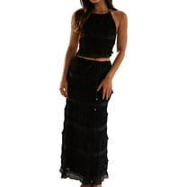 Womens Y2k Maxi Skirt Set Backless Lace Halter Crop Top and Long Skirt Sets Beach Dress 2 PCS Outfit Black L