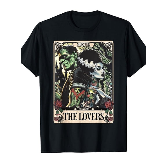 Unisex Corrugated Board Pattern T-Shirt - Gothic Horror Pattern T-Shirt with Monster And Bride Art Prints, Short Sleeve, Round Neck Casual Top, Suitable for Halloween And Everyday Wear,