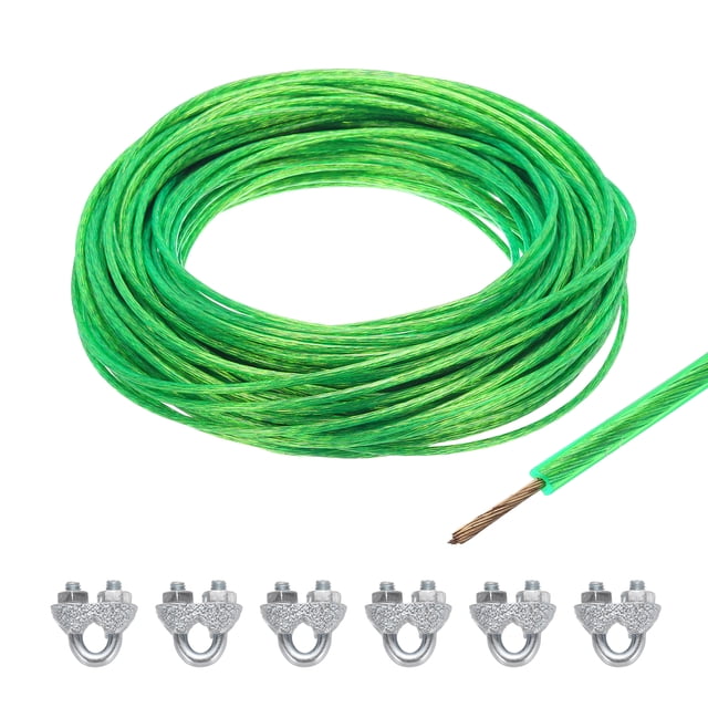 Uxcell 1/8 Green Vinyl Coated Wire Ropes 98ft Galvanized Steel with 6PCS M3 Loop Sleeves