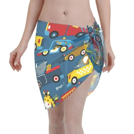Adobk Women Beach Sarong Bathing Suit Vehicles Cartoon With Funny Drivers Print Wrap Skirt Sheer Bikini Swimsuit Cover Ups For Swimwear