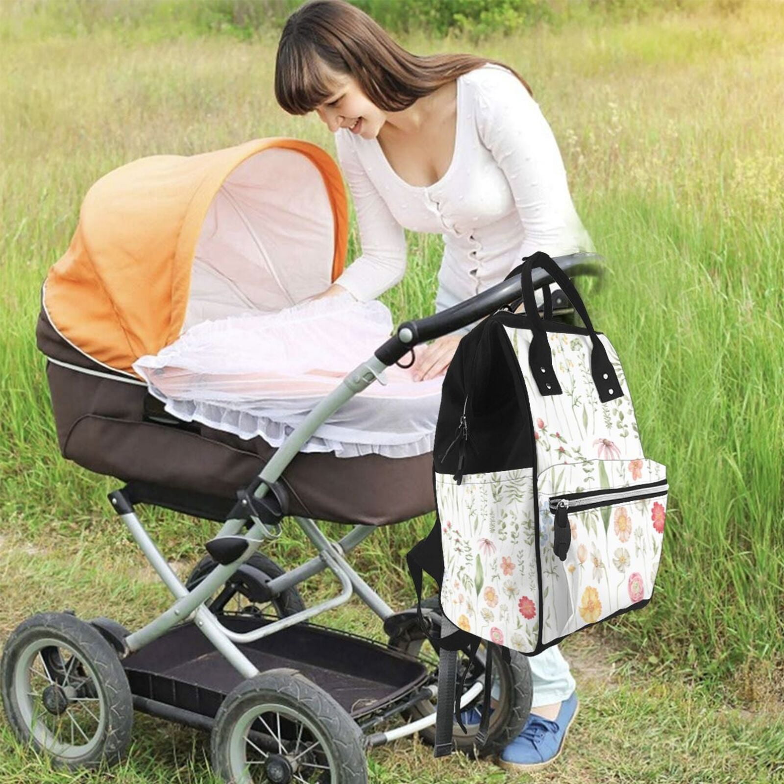 Ratiio Wildflower Watercolor 2 Mummy Backpack - Waterproof Twill Canvas, Large Capacity Diaper Bag with Multiple Pockets and Adjustable Straps