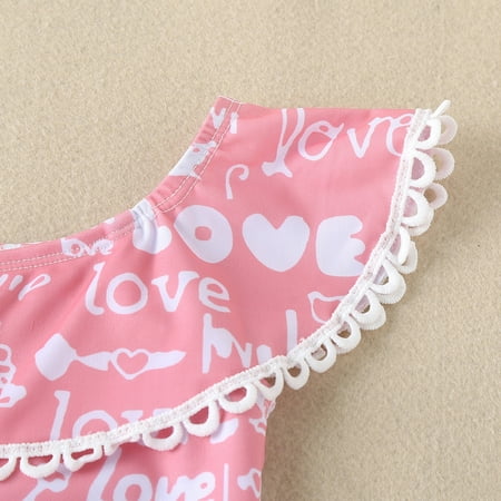 

TOWED22 Kids Bathing Suits Toddler Summer Sleeveless Girls Valentine s Day Love Letter Print Pink Ruffles Kids Swimsuits Pink