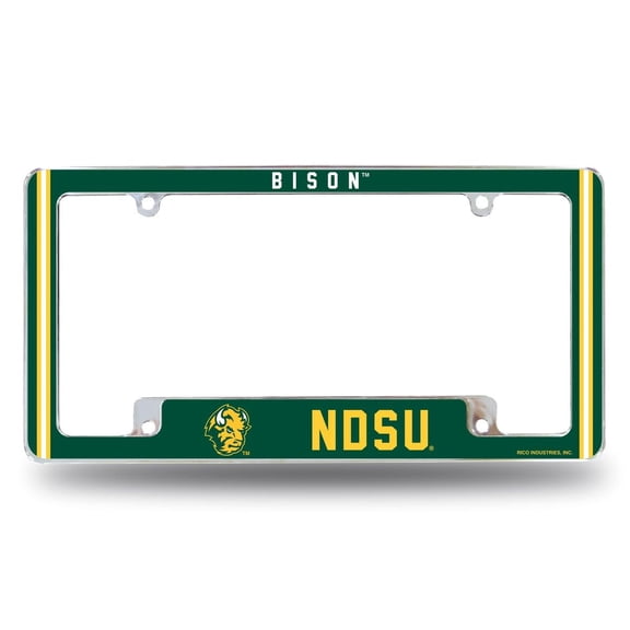 North Dakota State NDSU NCAA Bison Chrome Metal License Plate Frame with Full Frame Team Color Graphics