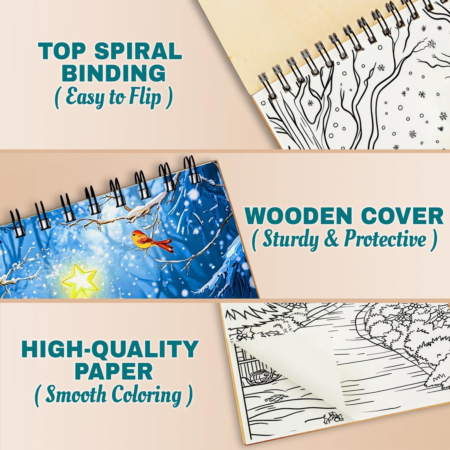 Netecom Christmas Nature Coloring Book Spiral Bound for Adults, A5 Wooden Cover, 30 Coloring Pages of Snowy Forests, Winter Wildlife and Seasonal Floral Designs for Stress Relief and Relaxation