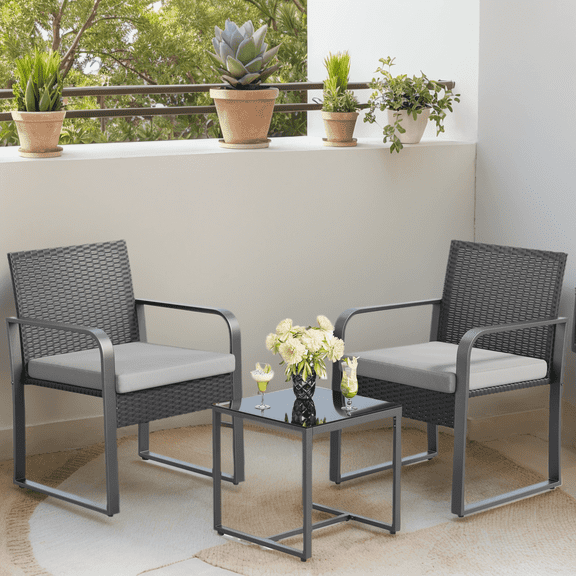 Patio Furntiure Set of 2 with Wicker Chairs and Tempered Glass Coffee Table for Outdoor in Gray