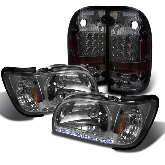 AKKON - Fits 2001-2004 Toyota Tacoma LED Light Bar Smoked Headlights w/ Corner LED Smoke Tail Brake Lamp Pair LH RH