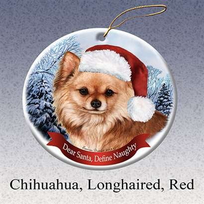 Chihuahua Santa - Holiday Pet Gifts Chihuahua Longhaired Red Santa Hat Dog Porcelain Christmas Tree Ornament