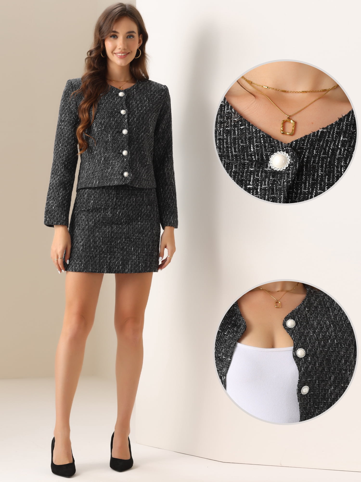 DARING DIVA 2Pcs Women's Elegant Business Blazer Skirt Tweed Suit Set S Black