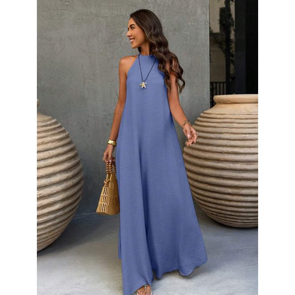 Spring Summer Blue Backless A-Line Dress, Bohemian Style Elegant Dress for Beach Vacation Daily Casual Wear