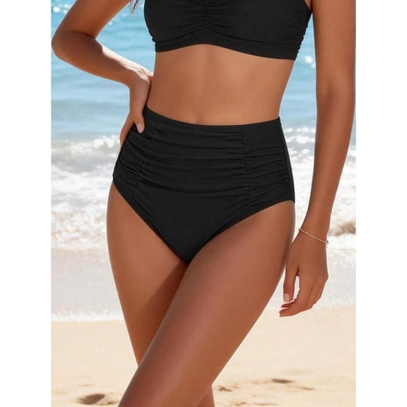 Black High Waisted Ruched Bikini Bottoms Tummy Control Full Coverage Swimwear