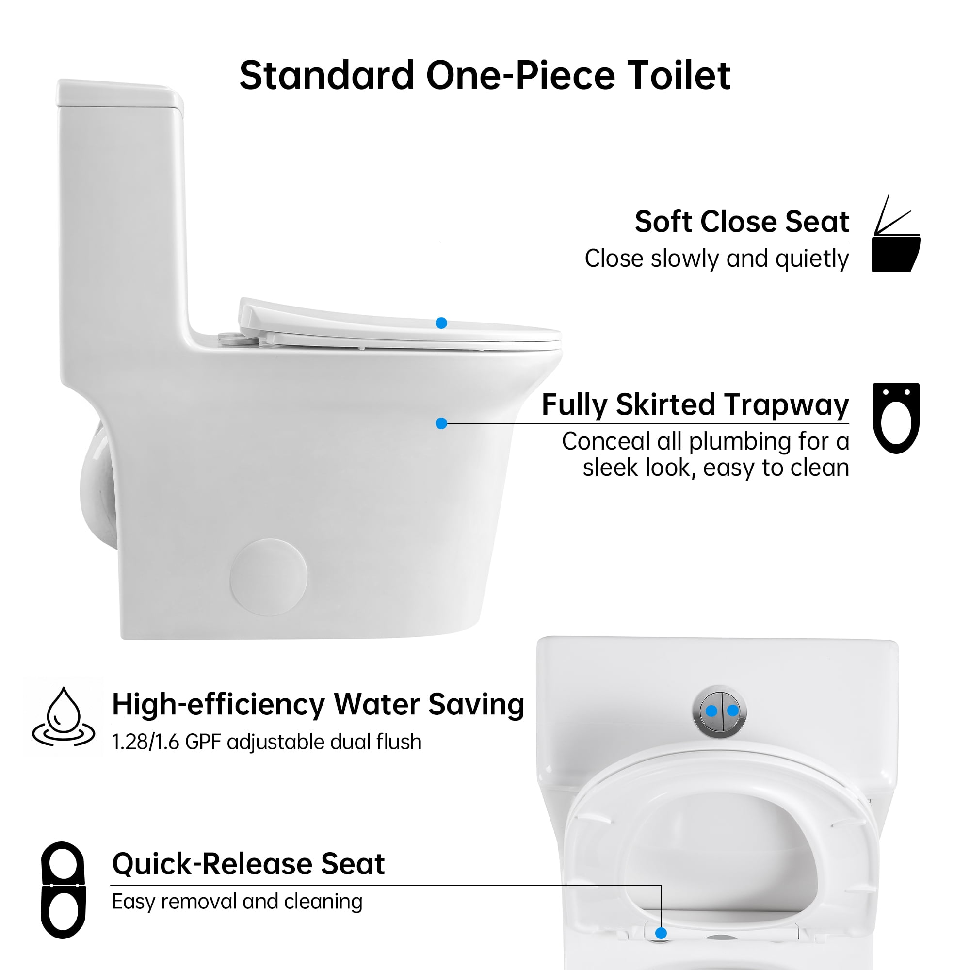 Alvantor One-Piece Toilet 15.5"Height Ceramic Elongated Floor Mounted 1.1/1.6 GPF Toilet White