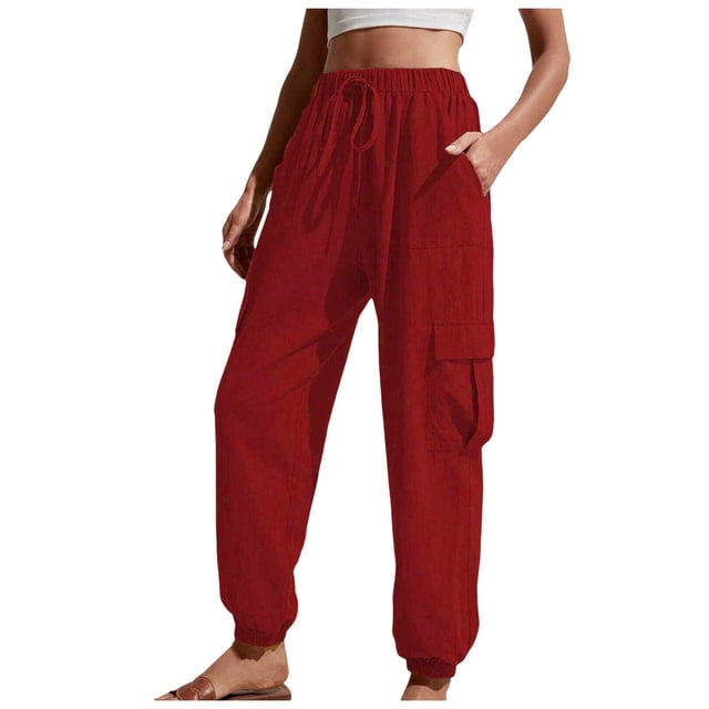 Women's High Waist Cargo Pants - Drawstring Hem, Side Pockets, Polyester, Casual Summer Trousers, S-XL Sizes