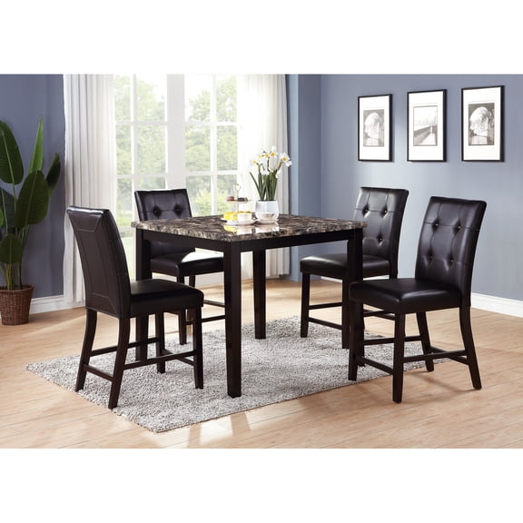 Counter Height Dining Ensemble: Faux Marble Table Top & 4 Brown Cushioned Chairs Modern Assembly: Birch With