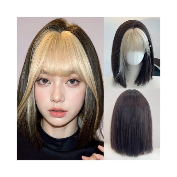 Short Straight Bob Black Wig Blonde Bangs Synthetic Women Fluffy Heat Resistant Wig