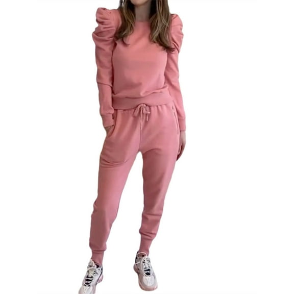 Puff Sleeved Women Sport 2 Pieces Sets Long Sleeve Sweatshirt & Pants Suit